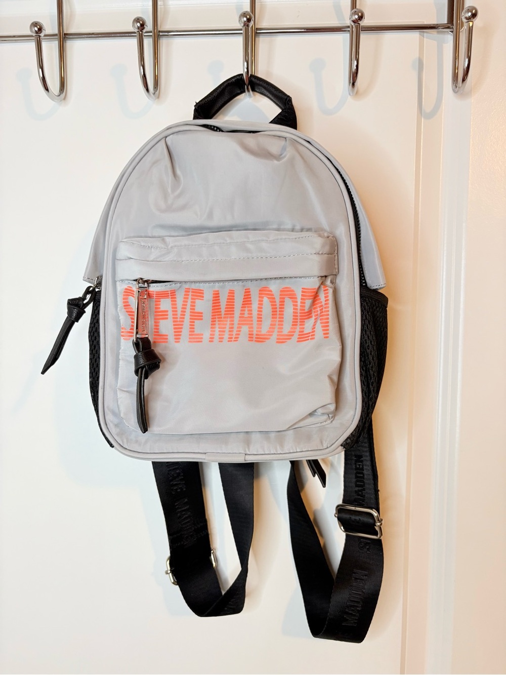 Steve Madden Light Gray Mini Backpack with Orange Logo